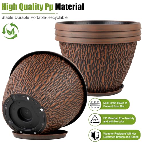 Nooulap 4 Pack 8 Inch Plant Pots Outdoor Indoor, Brown - color: Pebbles Pattern, size: 8 inch