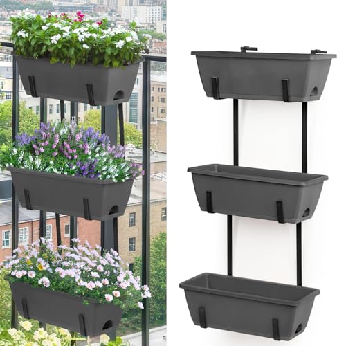 OYEAL Deck Railing Planter Boxes Set of 2 Over The Fence Planters Rail Hanging Planter Boxes with Adjustable Brackets, 6 Plastic Flower Boxes, Grey - color: Gray
