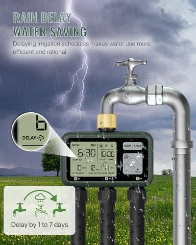 3 Zone Brass Sprinkler Timer, Garden Hose Timer, Automatic Irrigation System, Programmable Faucet, 3 Outlets, with Rain Delay, Manual Mode,Child Lock, for Yard, Garden, Lawn, Green E13WT06