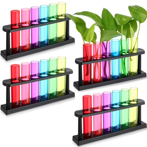 Kingdder 24 Pcs Plastic Test Tubes with Rack for Plant Propagation Station, 1.5 oz Shot Glasses Holder for Science Parties, Pouring and Storing Liquids, Hydroponic Plants Cutting Vase for Office Home