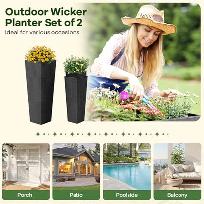 HAPPYGRILL Rattan Tall Planter Set of 2 with Removable Inner Trays - color: Black