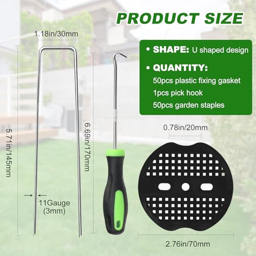 100pcs Garden Stakes Staples+100pcs Gasket, 6Inch 11 Gauge Galvanized Landscape Staples, Lawn Spikes,Heavy Duty Yard Ground Pin for Grass Weed Barrier Sod Fabric,Cover,Fence