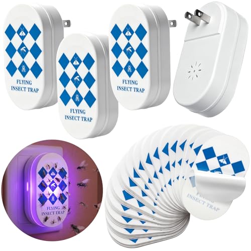 4 Pack Flying Insect Traps with 20 Glue Cards Refill Covering Indoor All Rooms and Kitchen, Quiet Fruit Fly Traps with UV Light for Gnat, Moth, Mosquito, Odor-Free & Non-Toxic