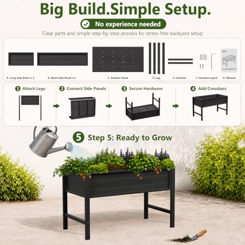 YEFU 48" Raised Garden Bed with Legs, HIPS Outdoor Garden Bed, Black - color: Black, size: 48"×24"×30"