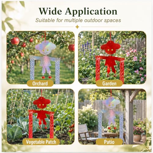 Hanging Bird Scare Reflective Devices, Double-Sided Highly Reflective Bird Deterrents Shiny Scarecrow Shape Reflectors with Bell to Scare Birds Away from Yards, Patios, and Farms (Silver + Red)