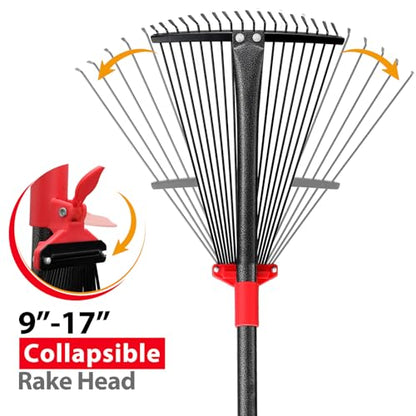 Rake for Leaves, Adjustable Garden Leaf Rakes for Lawns Heavy Duty, Metal Rake with 18 Clog-Free Tines, 9”-17” Collapsible Head, 6 ft Long Handle, Yard Tools for Gardening Camping Fast Cleanup - style: 6 FT