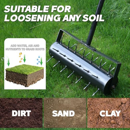 Rolling Lawn Aerator Roller with 42 Reinforced Steel Spikes, Heavy Duty Manual Lawn & Yard Aerator Tool, Pre-Assembled Push Grass Aerator with Adjustable Handle for Garden Soil