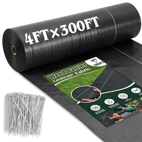 HongWay 4FT x 300FT Weed Barrier Fabric with 120 Staples, 3oz Heavy Duty - size: 4FT x 300FT