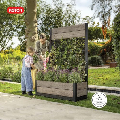 Keter Outdoor Planter Box with Privacy Screen and Trellis – 26 Gallon Raised Garden Bed for Climbing Plants, Wood-Look Resin, Weather-Resistant Divider for Patio, Balcony & Backyard - style: Ashwood Trellis