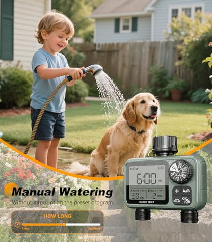 Kenkor Sprinkler Timer 2 Zone, Water Timers for Garden Hose, Brass Inlet, Programmable Hose Timer with Rain Delay/Manual Modes, Faucet Timers for Lawn, Yard