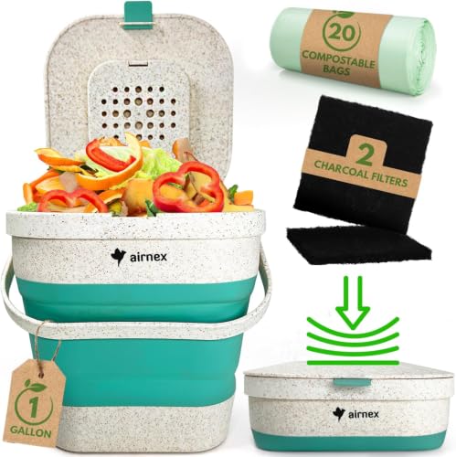 AIRNEX Collapsible Small Compost Bin with Lid - 1 Gallon Compost Bucket Food Waste Caddy Made of Wheat Straw - Odorless Counter Top Compost Bin for Kitchen with 20 Compost Bags and 2 Carbon Filters - color: Green