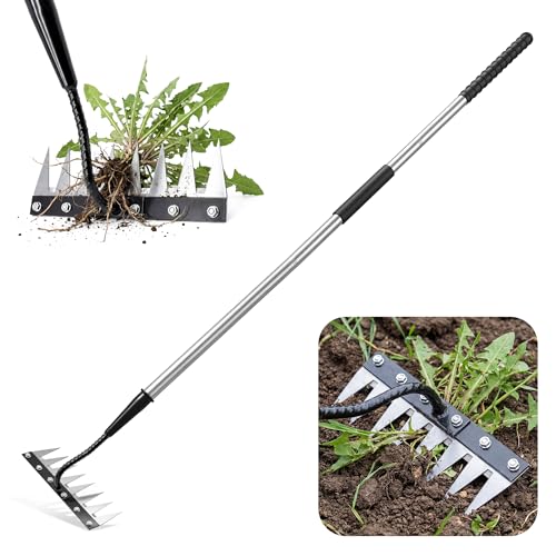Iron Weeding Rake with Long Handle, Manual Weeder Tool for Garden