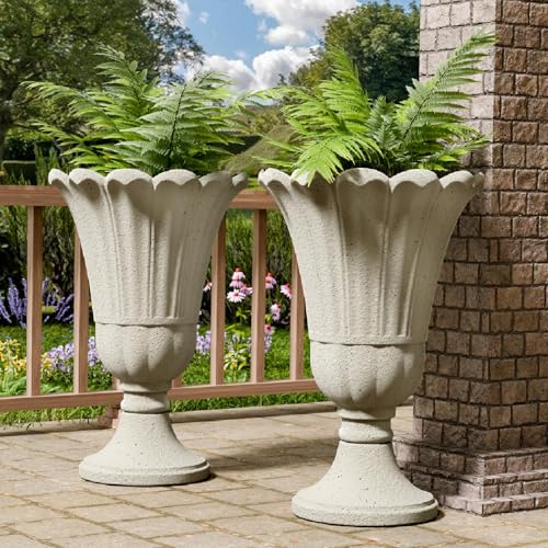 Tall Plastic Urn Planters and Pedestal - 24" Outdoor Planter Beige - color: White-petal