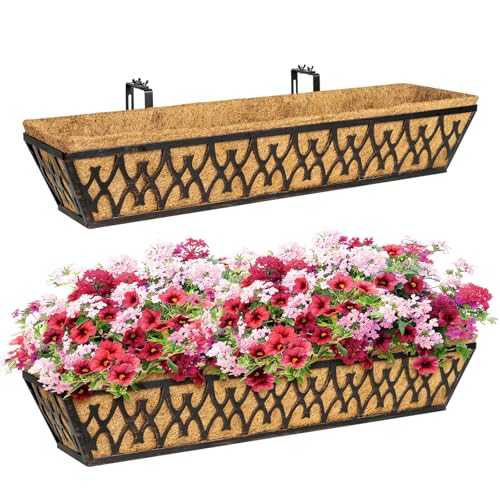2 Pack 30 Inch Window Boxes Planters Railing Planter Box with Adjustable Brackets for Porch Fence Patio Balcony Hanging Flower Baskets with Coco Liners for Outdoor Garden Décor - Bronze - color: Bronze, size: 30 Inch - 2 Pack