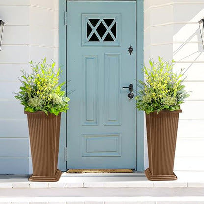 FENCY Set of 2 Tall Planters for Outdoor Plants, Brown Ribbed - color: Brown-square Ribbed