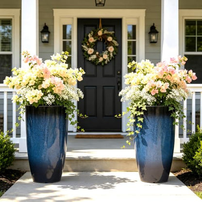 Autodaya 24" Large Tall Outdoor Planters Set of 2, Faux Ceramic Flower Pots - color: 23.8" Blue Gradient Cobalt Finish