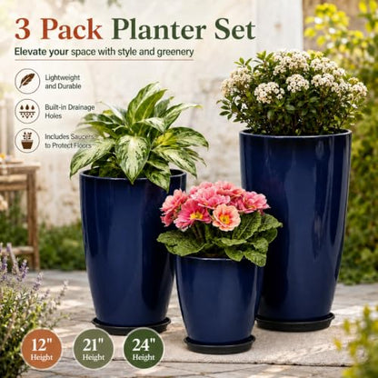 Neoaider Set of 3 Tall Planter, 24/21/12in Large Plastic Planter, Blue - color: Blue