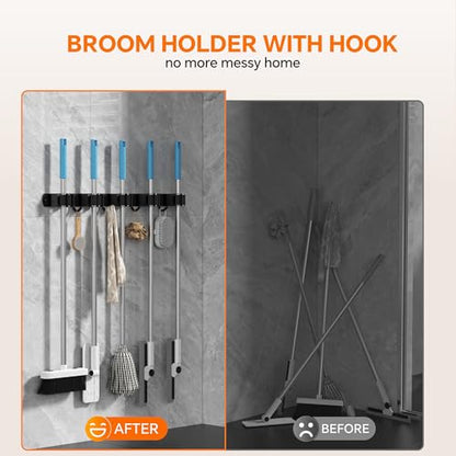 5 Grippers Broom Holder Wall Mount with 4 Hooks Stainless Steel, Black - color: C-Black, size: 5PCS Gripper