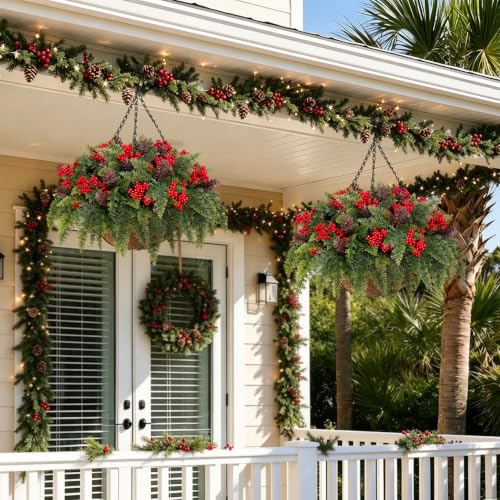 2 Set Christmas Hanging Baskets, Winter Hanging Baskets for Outdoors - color: Cedar