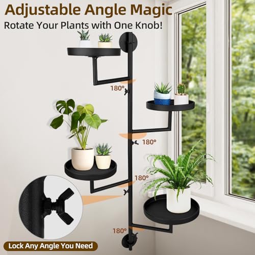 Rotating Window Plant Shelves with Adjustable Knobs, 4 Tiers Metal Wall Shelf for Plants Indoor, Sturdy Hanging Plant Holder, Window Wall Decor & Gardening Gifts (Black)