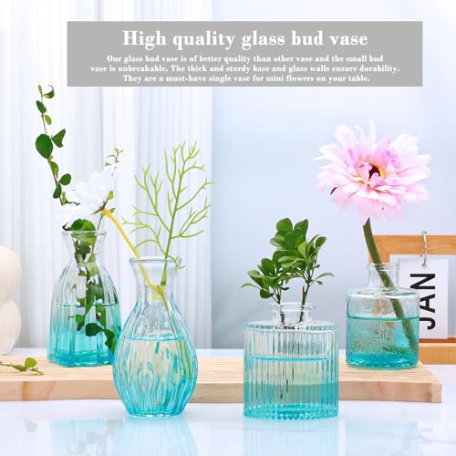 Glass Bud Vases Set of 4, Small Blue Flower Vases for Wedding Centerpieces - color: Blue