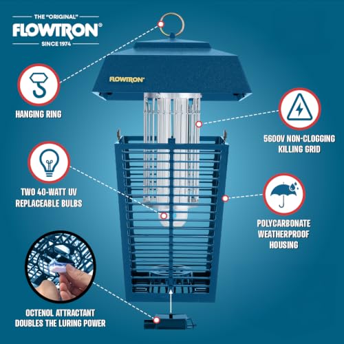 Flowtron Bug Zapper, 1.5 Acre Outdoor, Two 40W UV Bulb, 5600V Zap, Blue - color: Blue