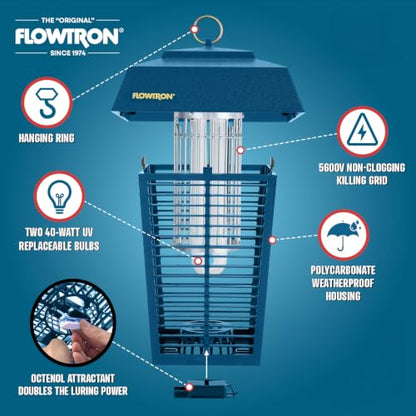 Flowtron Bug Zapper, 1.5 Acre Outdoor, Two 40W UV Bulb, 5600V Zap, Blue - color: Blue