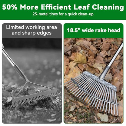 2-in-1 Leaf Rake Set with Leaf Scoops, 25-Tine Garden Rake and Grabber for Leaf Cleanup & Picker Up, Adjustable Long Handle, Wide Metal Head for Garden‌, Yard, Soil, Weeds‌, Grass, Camping