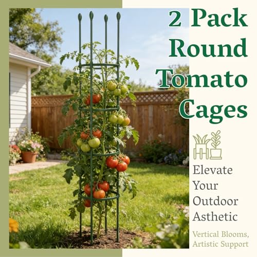 2 Pack Heavy Duty Round Tomato Cage | 63 Inch Rustproof Steel Core Plastic Coated Garden Tomato Trellis | Metal Large Plant Support for Tomato, Cucumber, Beans, Flowers, Vegetables Indoor Outdoor