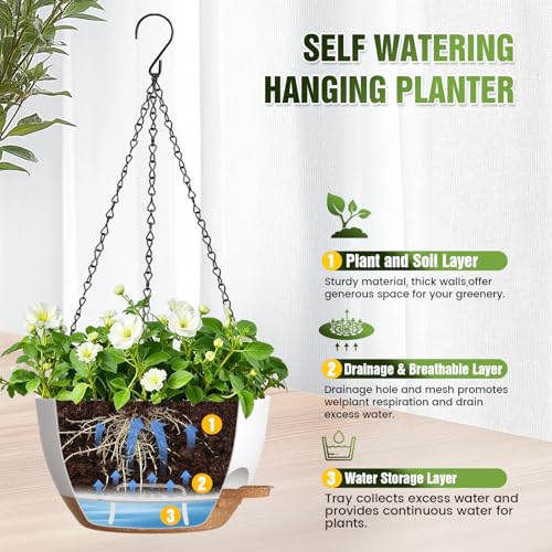 12 Inch Large Self Watering Hanging Planters 2 Pack with Saucers - color: White Brown, size: 12 Inch 2 Pack