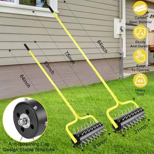 21" Rolling Lawn Aerator, 45 Preassembled Spikes, Only Needs 3-5 Minutes to Assemble, No Looseness, Good Package, 75" Long Handle with Quick Clip Connections, U-Shape Construction - Yellow. - size: Yellow