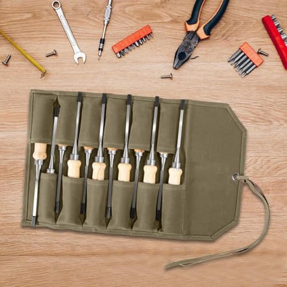 Chisel Roll, 6 Pockets Roll Up Tool Pouch, Waxed Canvas Small Tool Roll - color: 12-Khaki