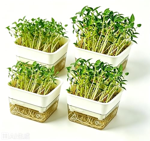 QISHENG - 4 Pack Microgreens Grow Kit,Soil-Free Cultivation Germination Tray,BPA-Free Indoor Sprouting Kit for Growing Bean Sprouts/Organic Seeds/Broccoli/Alfalfa/Radish/Clover (Beige)