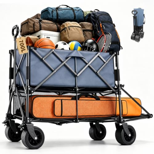 700L Large Capacity Gray Double Decker Wagon Collapsible Wagon with Tailgate 55'' Extra Long, Foldable 600lbs Heavy Duty Beach Cart with All-Terrain Big Wheels, Sports,Outdoor,Shoping Cart - color: Gray