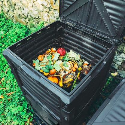 Simply Bio Garden Compost Bin from BPA-Free Material - 80 Gallon (300 L) Large Outdoor Compost Bin, Easy Assembly, Lightweight, Fast Soil Creation, with Glove, Black - size: 80-Gallon