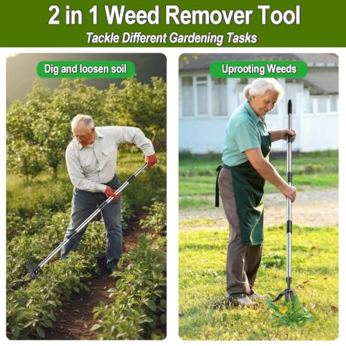 Stand Up Weed Puller Tool with 58" Adjustable Long Handle, 2 in 1 Heavy Duty Manual Weeder & Garden Hoe, 4-Claw Steel Head Weed Remover with Gloves for Yard Lawn Patio Flower Bed