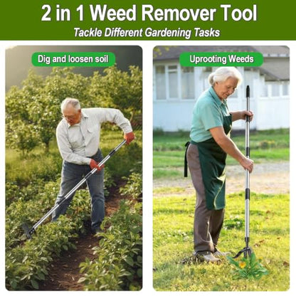 Stand Up Weed Puller Tool with 58" Adjustable Long Handle, 2 in 1 Heavy Duty Manual Weeder & Garden Hoe, 4-Claw Steel Head Weed Remover with Gloves for Yard Lawn Patio Flower Bed