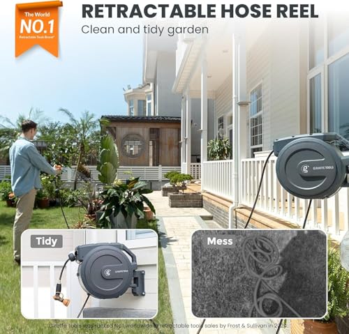 Giraffe Tools Retractable Garden Hose Reel 5/8"115FT Wall Mount Auto Rewind - color: Dark Grey, size: 5/8" 115+5 FT