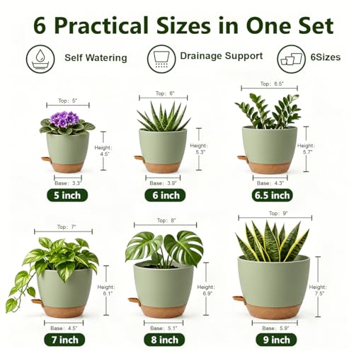 Plant Pots for Indoor 9/8/7/6.5/6/5 Inch, Self Watering Planter Pots with Drainage Holes and Saucers, 6Pcs Plastic Flower Pots for Indoor & Outdoor Plants（Green） - color: Green
