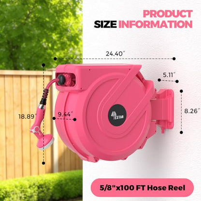 Retractable Garden Hose Reel 5/8 in x100 ft， Wall Mounted Hose Reel - color: Pink, size: 5/8"x100 ft
