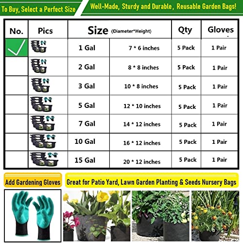 5-Pack 1 Gallon Thickened Nursery Bags Plant Grow Bags (7x6 inch) Fabric Plant Pots Garden Bag for Flower Pot,Herbs Veggies Planter Bag,Garden Pots,Barrel Planter,Plant Container with Gardening Gloves - size: 1 Gallon (7x6 inches)