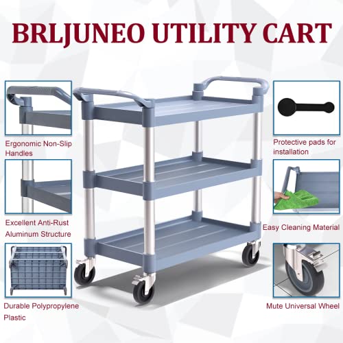 Plastic Utility Carts with Wheels, 3-Tier Large Size Restaurant Food Cart, Heavy Duty 600lbs Capacity Rolling Service Cart w/Hammer for Commercial, Kitchen, Office (Lockable Wheels, L-Grey)