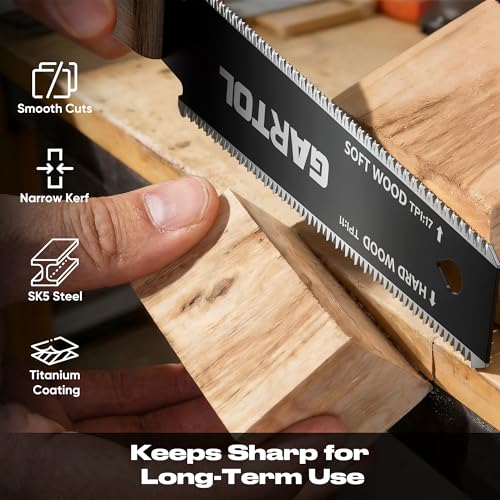 GARTOL Hand Saw for Wood Cutting, 2-Piece Japanese Pull Saw with 6-Inch Flush Cut & Double-Edged SK5 Flexible Blade & Wooden Handle, Precision Woodworking Tools for DIY, Crafting, Carpentry, Trim Work