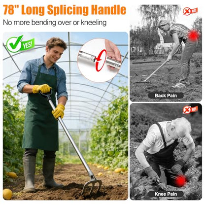 78" Long Handle Garden Rake, No Bend Standing Weeding Tool, Heavy Duty 3-Tine Cultivator with Carbon Steel Head, Hand Tiller for Digging, Loosening Soil & Planting