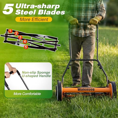 Walensee 18-Inch Manual Lawn Mower, 5-Blade Push Reel, 9 Heights - size: 18-Inch No Catcher
