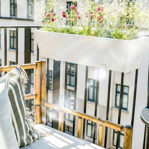 2PC White Railing Planter for Outdoor Plants 36 Inch Metal Hanging Planters Pots with Adjustable Brackets and Drainage Railing Planter Boxes Hanging Flower Pots for Balcony Deck Railings Patio Dec - color: White