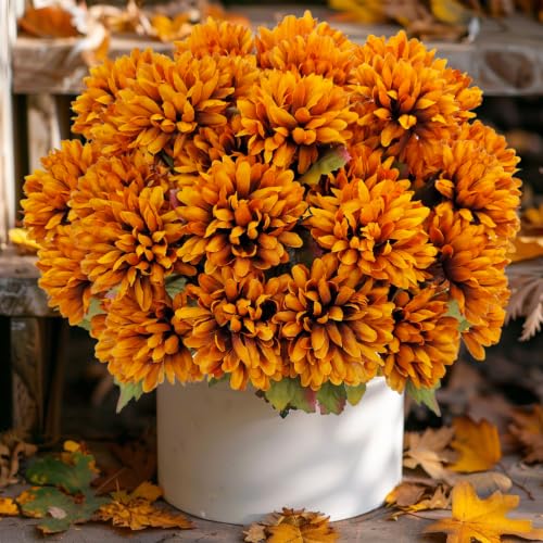 Artificial Fall Flowers Fake Mums for Outdoor, 6 Pack 30 Heads Artificial Chrysanthemums UV Resistant Faux Fall Flower for Front Porch Halloween Diwali Cemetery Indoor Outside Decor (Burnt Orange) - color: Burnt Orange