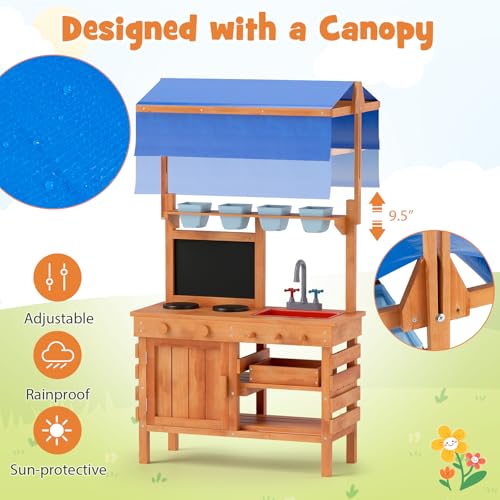 GLACER Mud Kitchen, Fir Wood Kids Play Kitchen with Adjustable Canopy, 4 Planting Pots, Blackboard, Kids Potting Bench Table, Outdoor Mud Table for Girls & Boys 3+