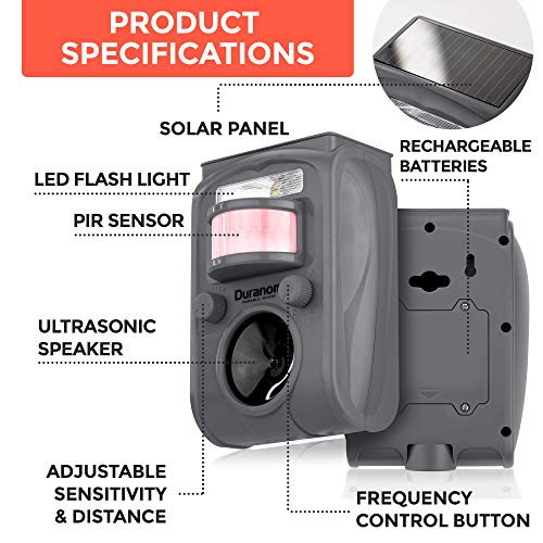 DURANOM Ultrasonic Animal Repeller – Solar Powered Outdoor Deterrent with Flashing Light & Motion Sensor – Repels Deer, Cats, Rodents, Raccoons – Animal Control for Yard & Garden