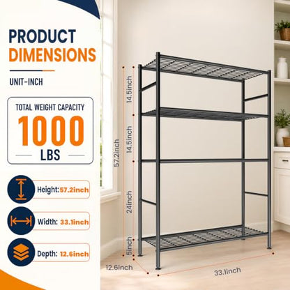 LEVELEVE 4-Tier Metal Storage Shelves, 33.1" x 12.6" x 57.2", Heavy Duty Utility Shelving Unit, Rust-Resistant Organizer Rack for Garage, Pantry, Bathroom, Office, Black - color: Black-4t